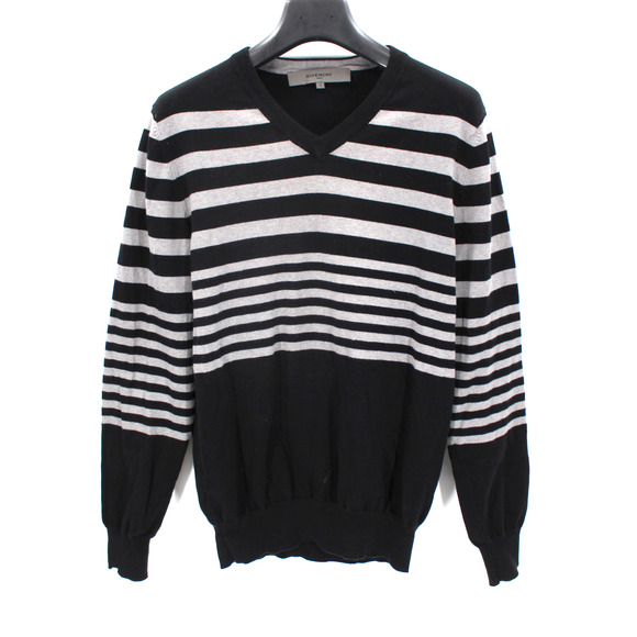 Givenchy Men Cotton Nylon Knit Black Grey Stripe V-Neckline Pullover Sweater S - Picture 1 of 7
